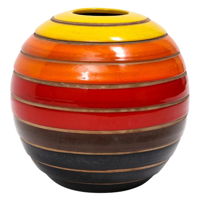 Bitossi Vase, Ceramic, Stripes, Yellow, Orange and Red, Signed