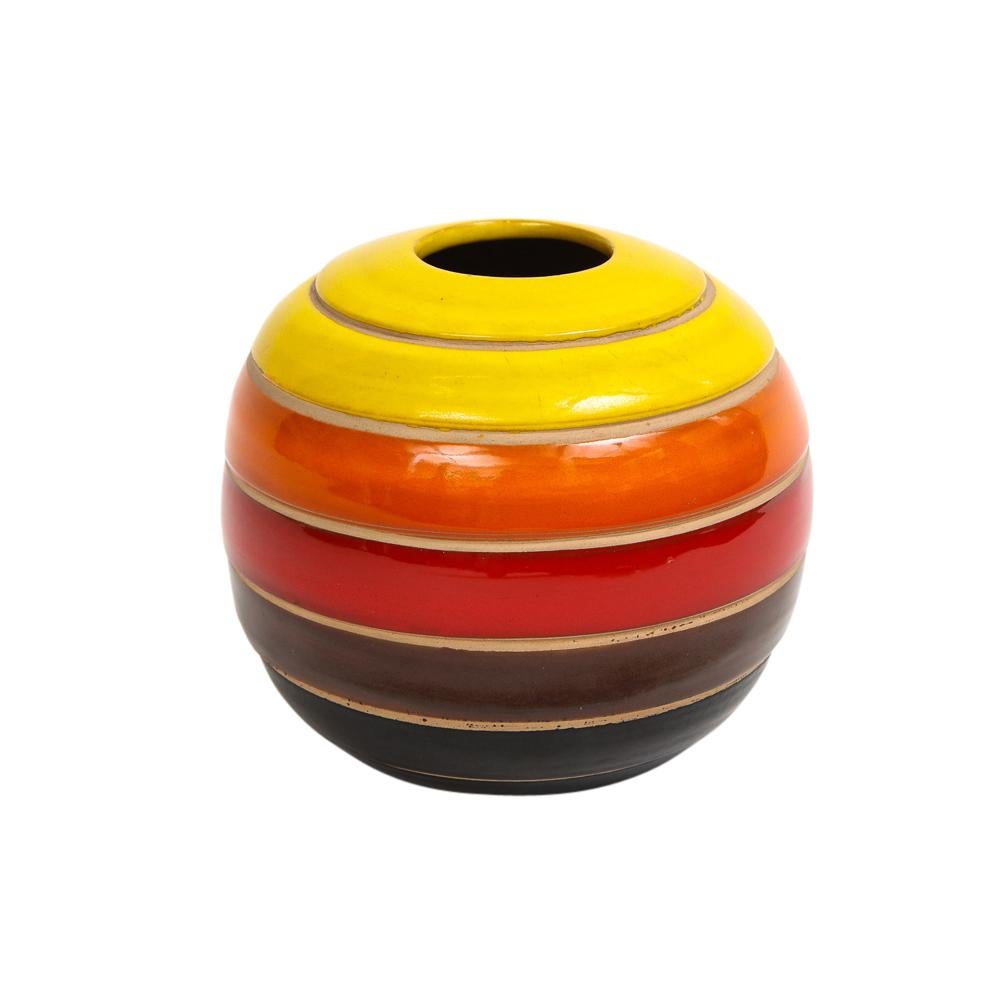 Mid-Century Modern Vase Bitossi, céramique, rayures, rouge jaune, orange, marron, noir, signé en vente