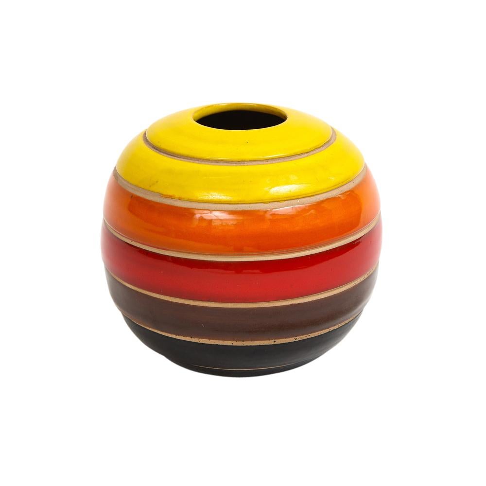 Mid-Century Modern Bitossi Vase, Ceramic, Stripes, Yellow Orange Red, Brown, Black, Signed  For Sale