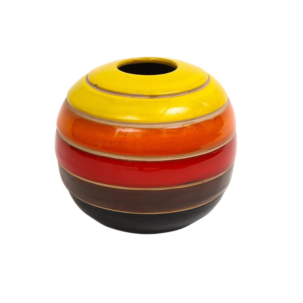 Vernissé Vase Bitossi, céramique, rayures, rouge jaune, orange, marron, noir, signé  en vente