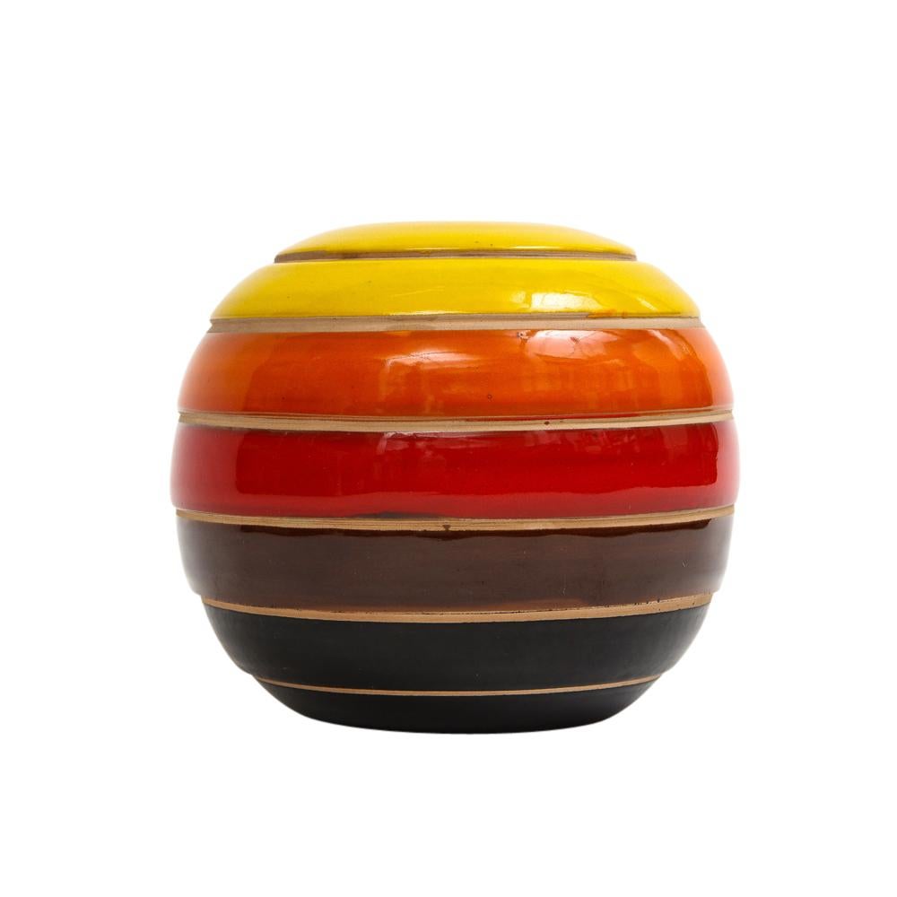 Glazed Bitossi Vase, Ceramic, Stripes, Yellow Orange Red, Brown, Black, Signed  For Sale