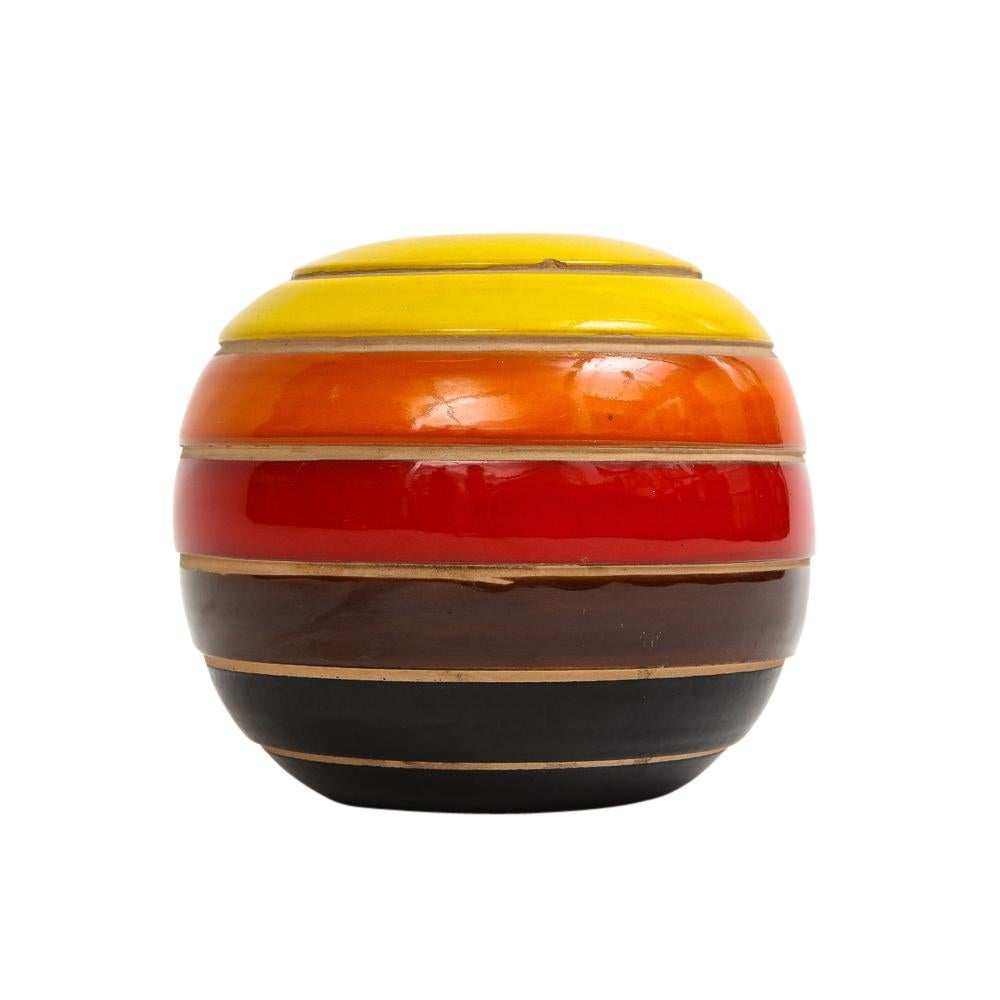Milieu du XXe siècle Vase Bitossi, céramique, rayures, rouge jaune, orange, marron, noir, signé  en vente