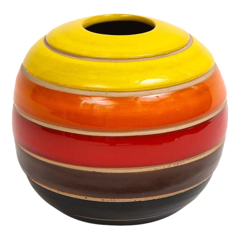 Jarrón Bitossi, Cerámica, Rayas, Amarillo Naranja Rojo, Marrón, Negro, Firmado