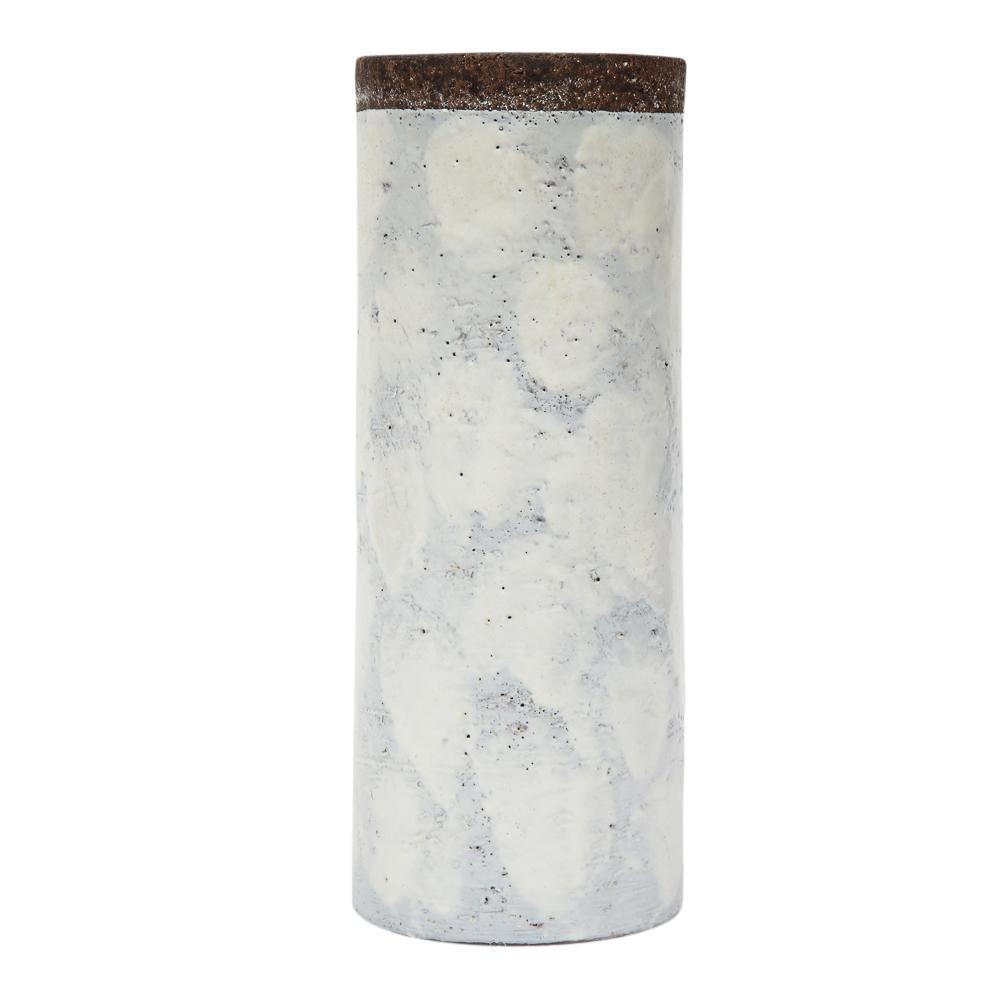 Bitossi vase, ceramic, white and brown, signed. Medium scale cylinder vase with white glaze and raw matte brown clay collar. Signed on the underside: 