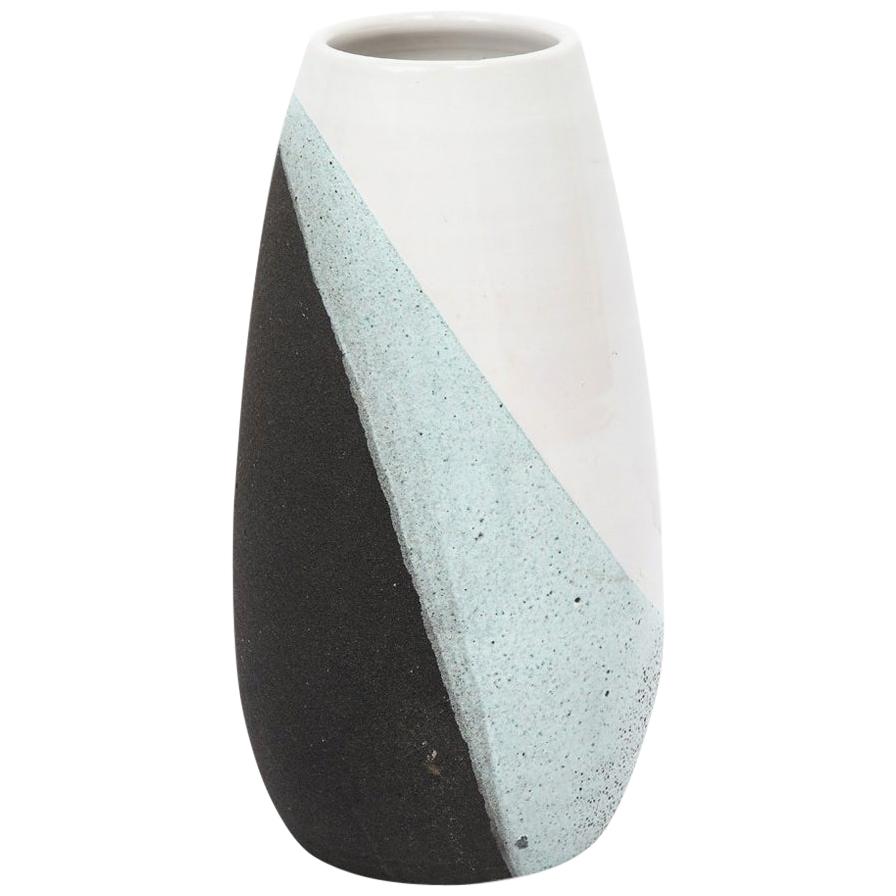 Bitossi vase, ceramic, white, green, black, textured, signed. Medium scale vase decorated with bands of pebbled volcanic glaze in pale green and matte black over white. Signed: 