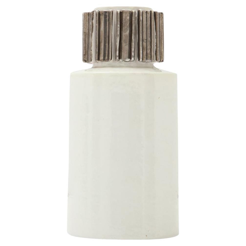 Jarrón Bitossi, Cerámica, Blanco, Metálico Gunmetal, Firmado