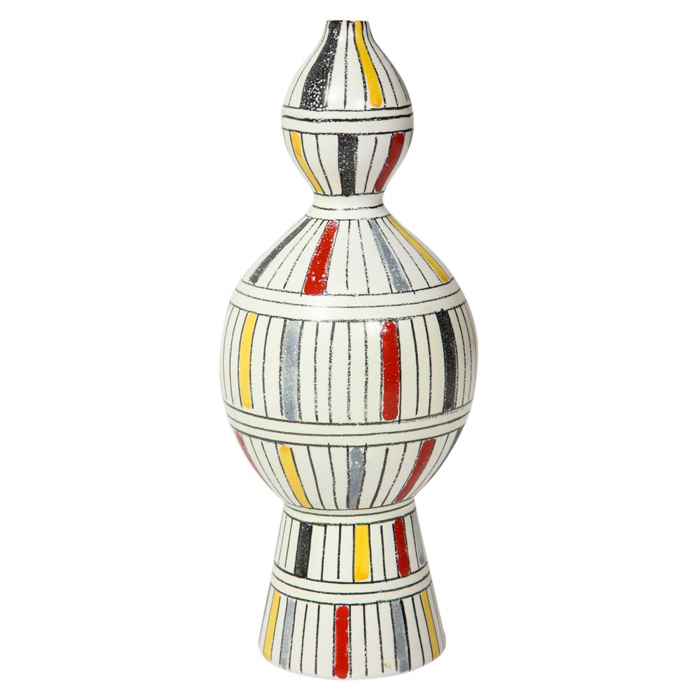 Vase Bitossi en céramique, géométrique, à rayures, blanc, jaune, noir, rouge, signé en vente 2