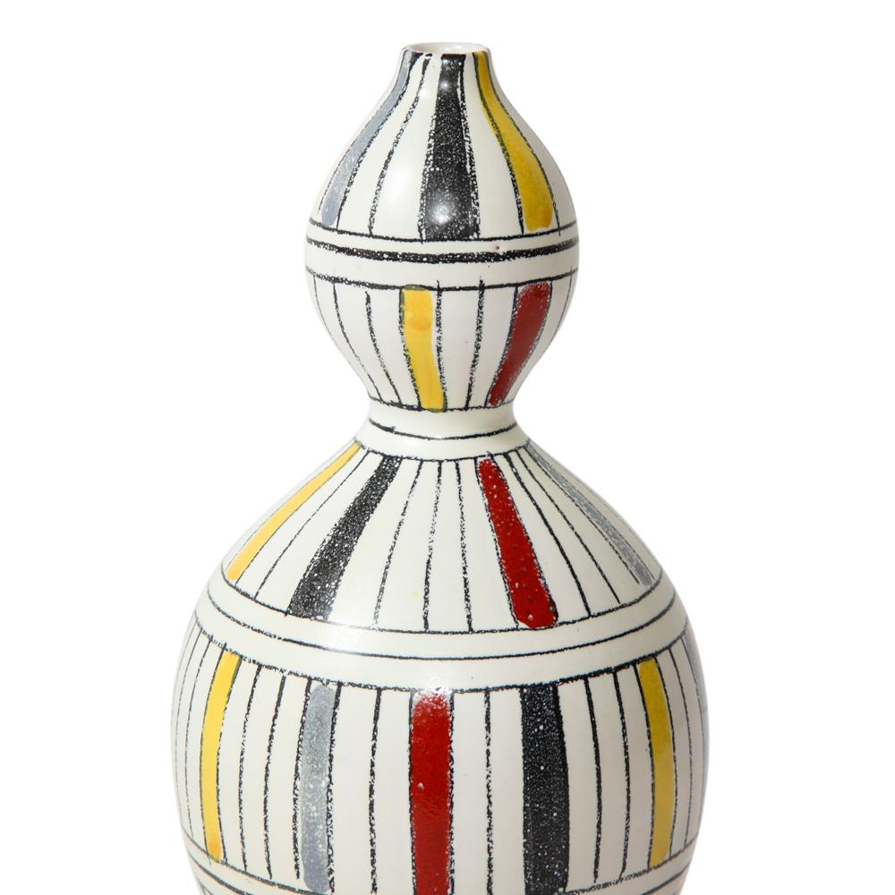 Mid-Century Modern Vase Bitossi en céramique, géométrique, à rayures, blanc, jaune, noir, rouge, signé en vente