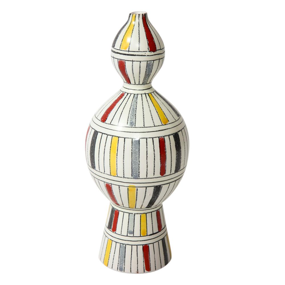 Italian Bitossi Vase, Ceramic, Geometric, Stripes, White, Yellow, Black, Red, Signed For Sale