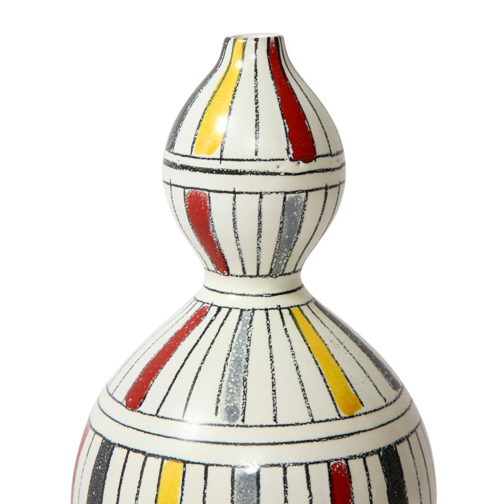 Glazed Bitossi Vase, Ceramic, Geometric, Stripes, White, Yellow, Black, Red, Signed For Sale