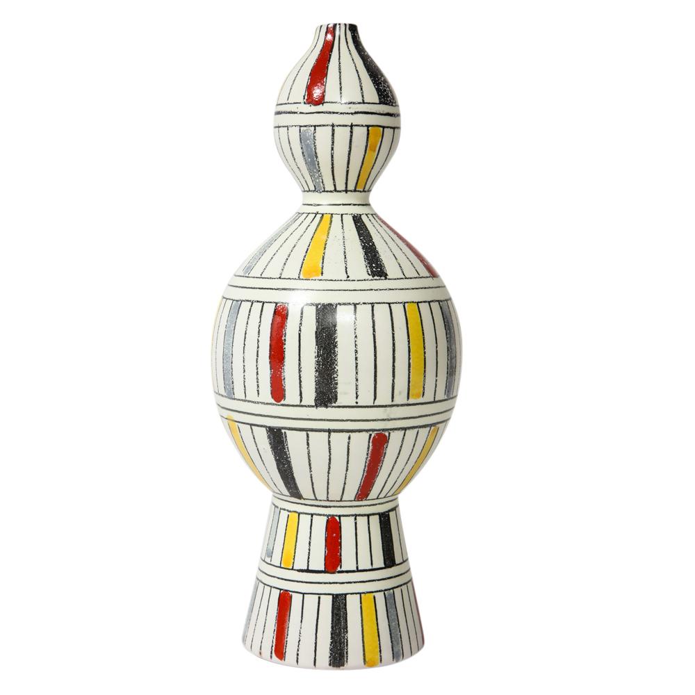 Bitossi Vase, Ceramic, Geometric, Stripes, White, Yellow, Black, Red, Signed In Good Condition For Sale In New York, NY