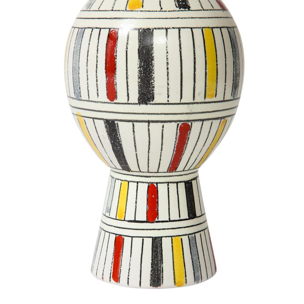 Mid-20th Century Bitossi Vase, Ceramic, Geometric, Stripes, White, Yellow, Black, Red, Signed For Sale