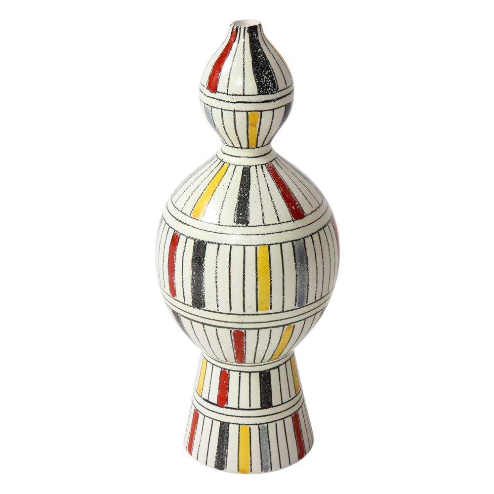 Céramique Vase Bitossi en céramique, géométrique, à rayures, blanc, jaune, noir, rouge, signé en vente