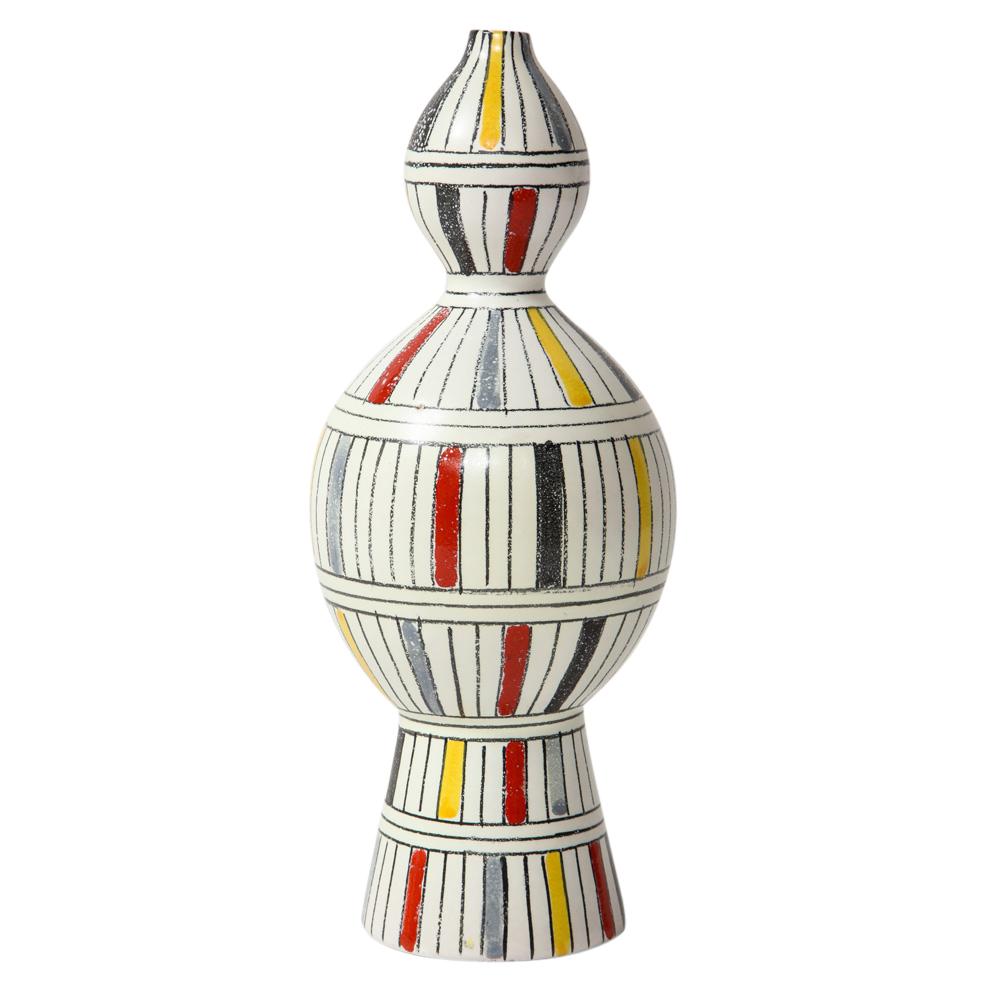 Bitossi Vase, Ceramic, Geometric, Stripes, White, Yellow, Black, Red, Signed For Sale 2