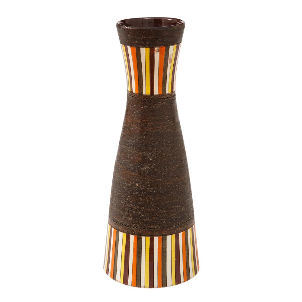 Mid-Century Modern Bitossi Vase, Large, Stripes, Yellow, Orange and Matte Brown, Signed