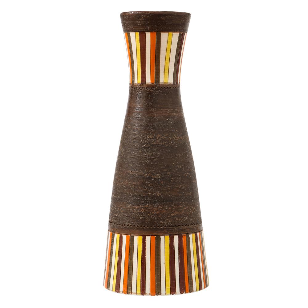 Italian Bitossi Vase, Large, Stripes, Yellow, Orange and Matte Brown, Signed