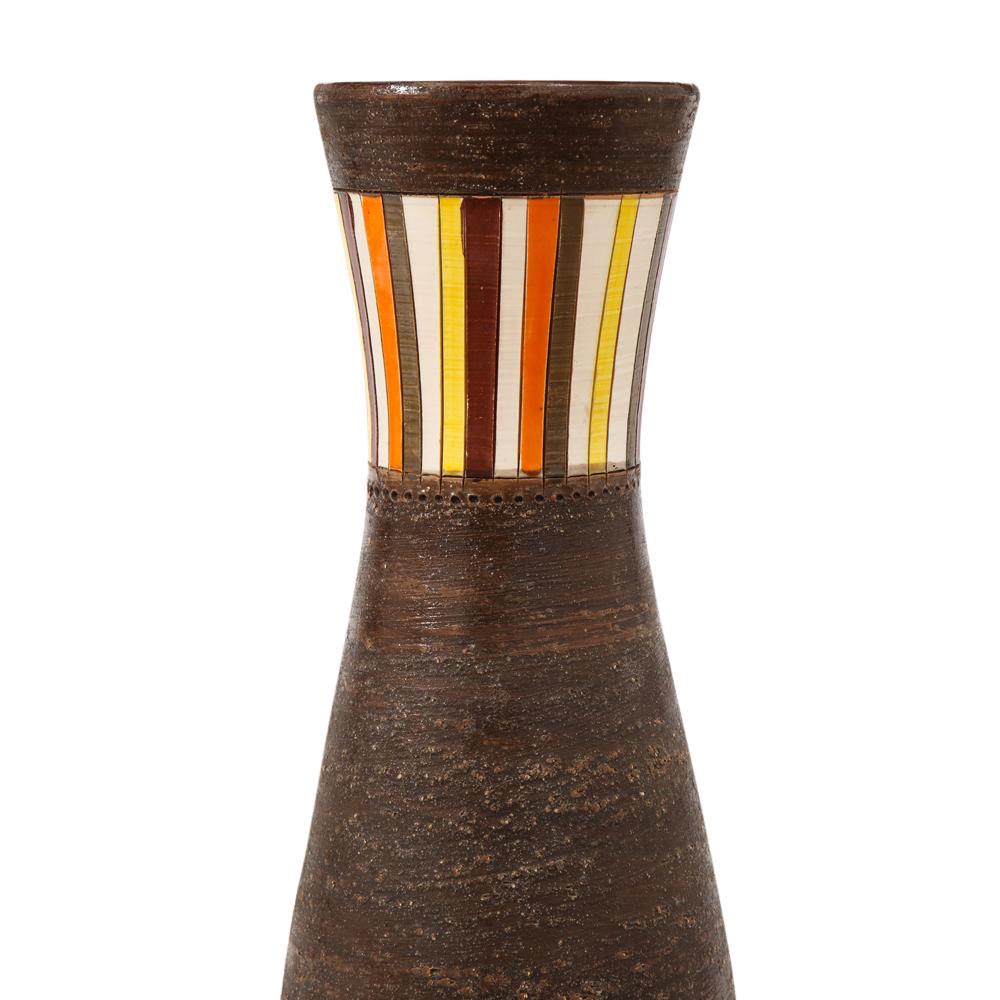 Glazed Bitossi Vase, Large, Stripes, Yellow, Orange and Matte Brown, Signed