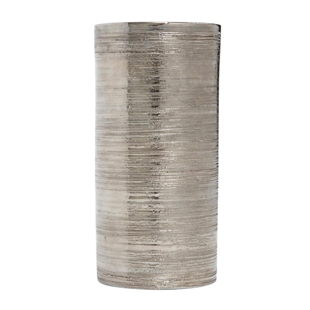 Bitossi for Berkeley House vase, brushed metallic silver chrome, signed. Small scale striated cylinder vase with brushed metallic platinum glaze. Signed with paper label which reads: handmade Berkeley House Italy. The vase is additionally marked: