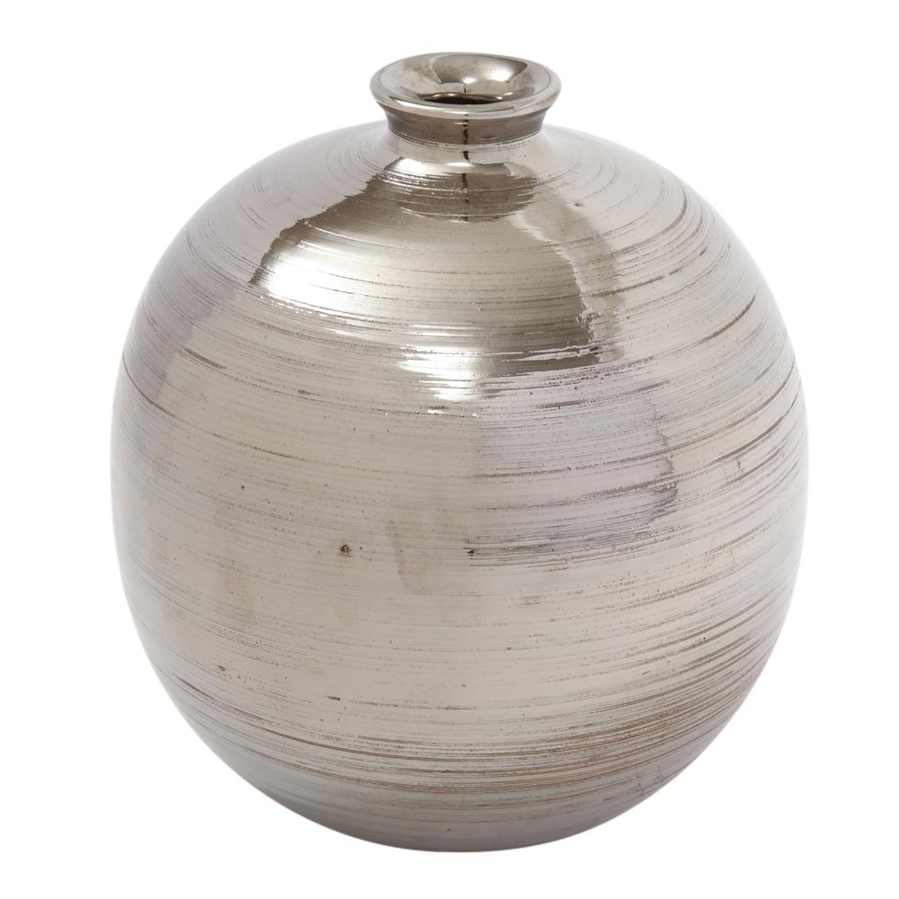 Bitossi ball vase, ceramic, brushed metallic silver, chrome. Medium scale chunky spherical vase glazed in a ribbed brushed metallic platinum luster.  Factory pinhole indentation - see photo 10.