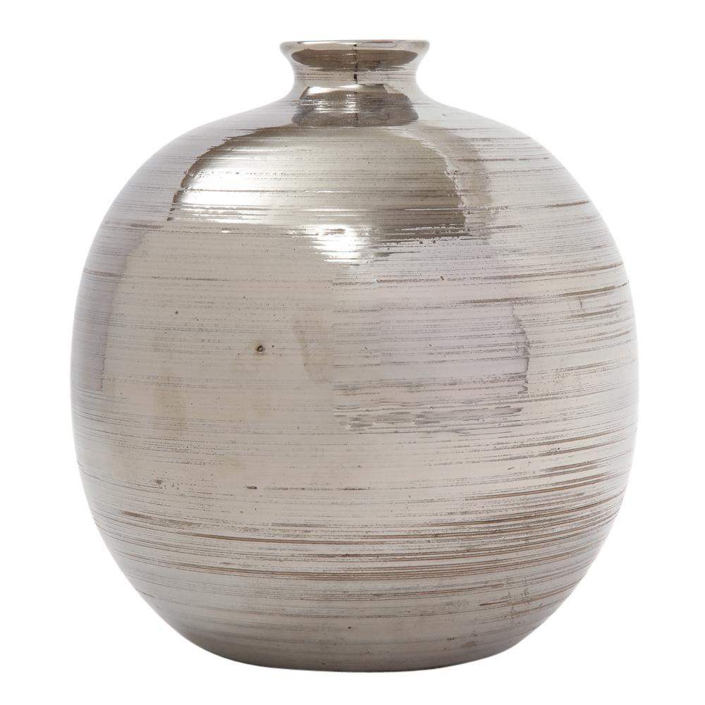 Mid-Century Modern Bitossi Ball Vase, Ceramic, Brushed Metallic Silver Chrome  For Sale