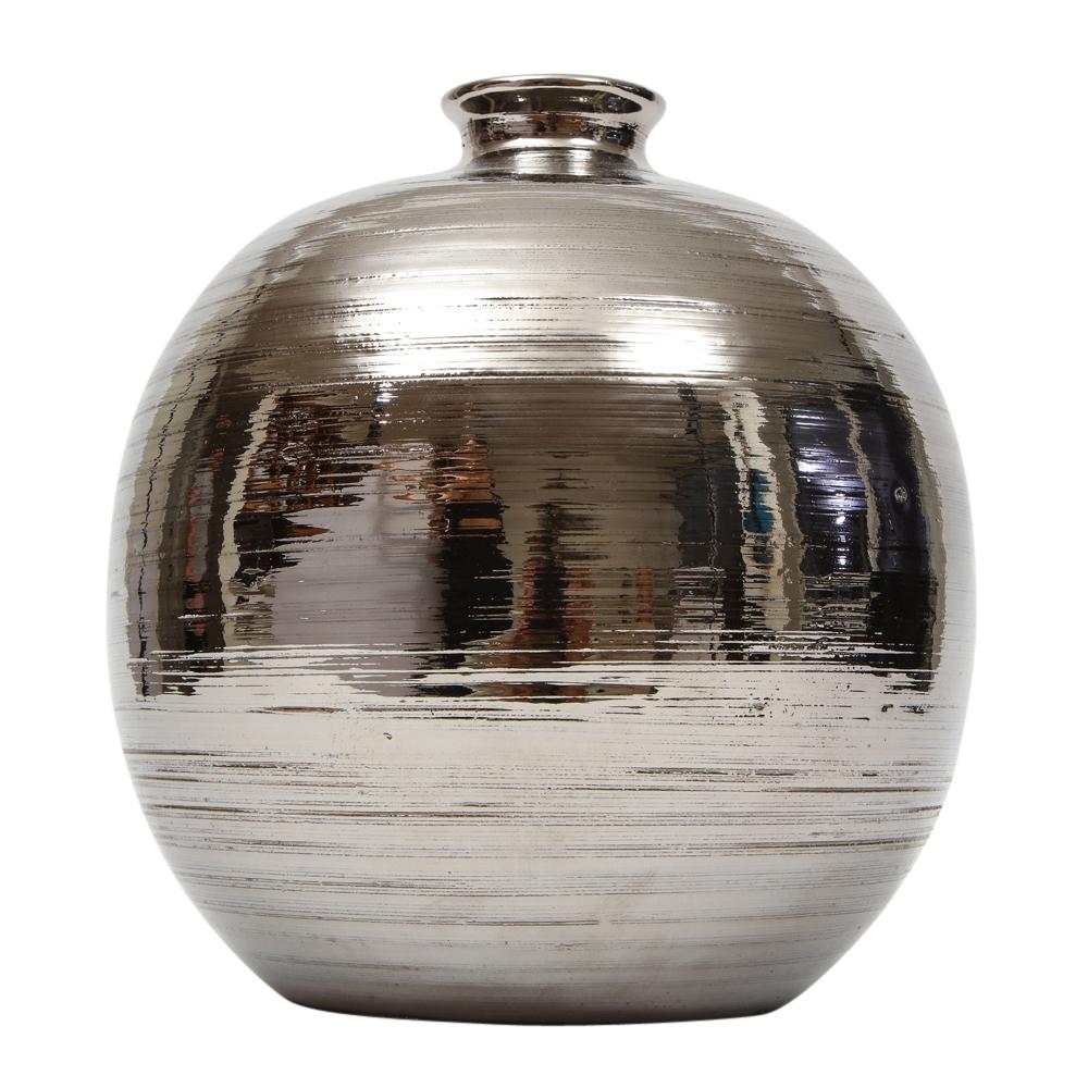 Italian Bitossi Ball Vase, Ceramic, Brushed Metallic Silver Chrome  For Sale