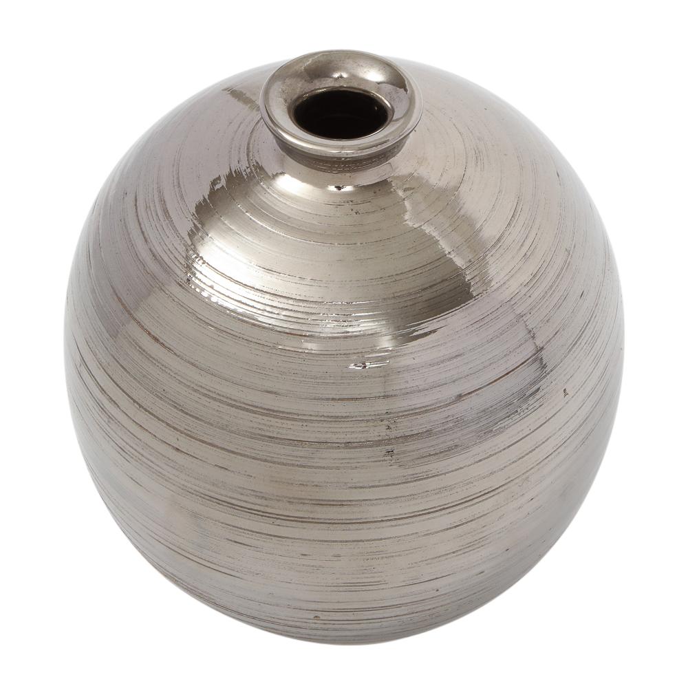 Glazed Bitossi Ball Vase, Ceramic, Brushed Metallic Silver Chrome  For Sale