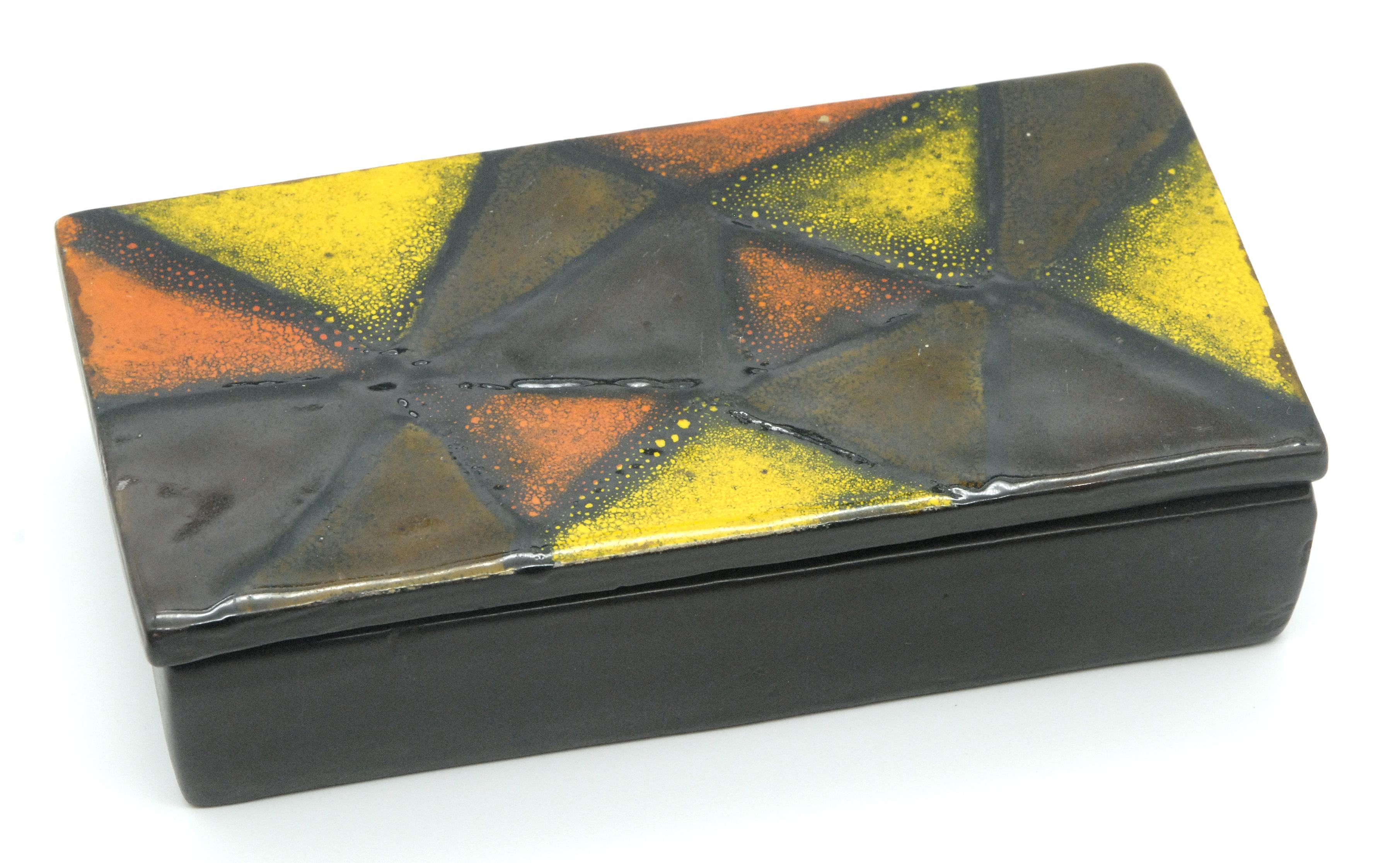 An Aldo Londi designed 'Vetrata' pattern covered box in orange, yellow and brown. Lovely bright condition.