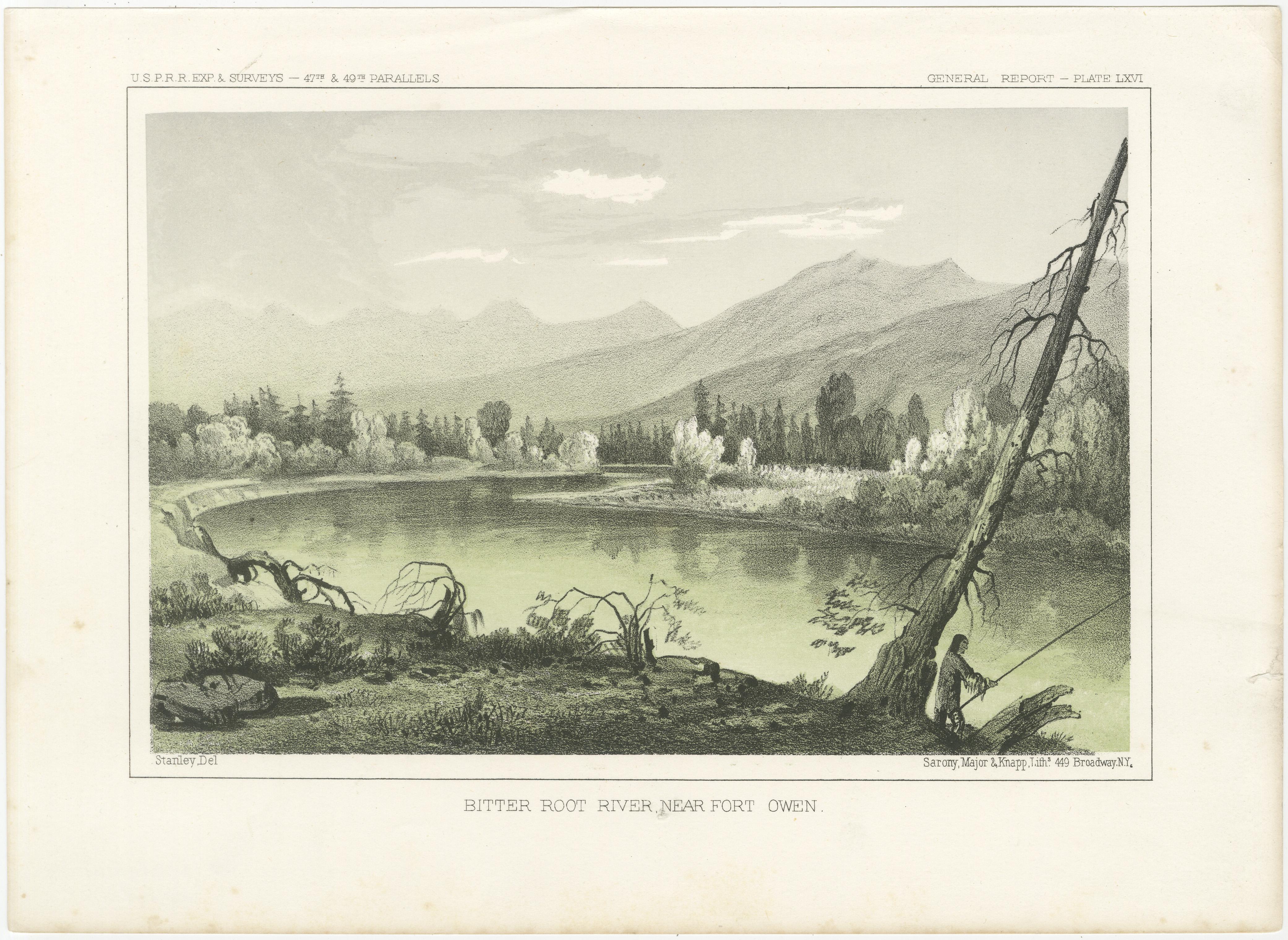 Titel: Bitter Root River bei Fort Owen in Montana - getönte Lithographie aus der Vermessung der Pazifik-Eisenbahn, 1856  

Beschreibung:  
Diese atemberaubende Lithografie, 