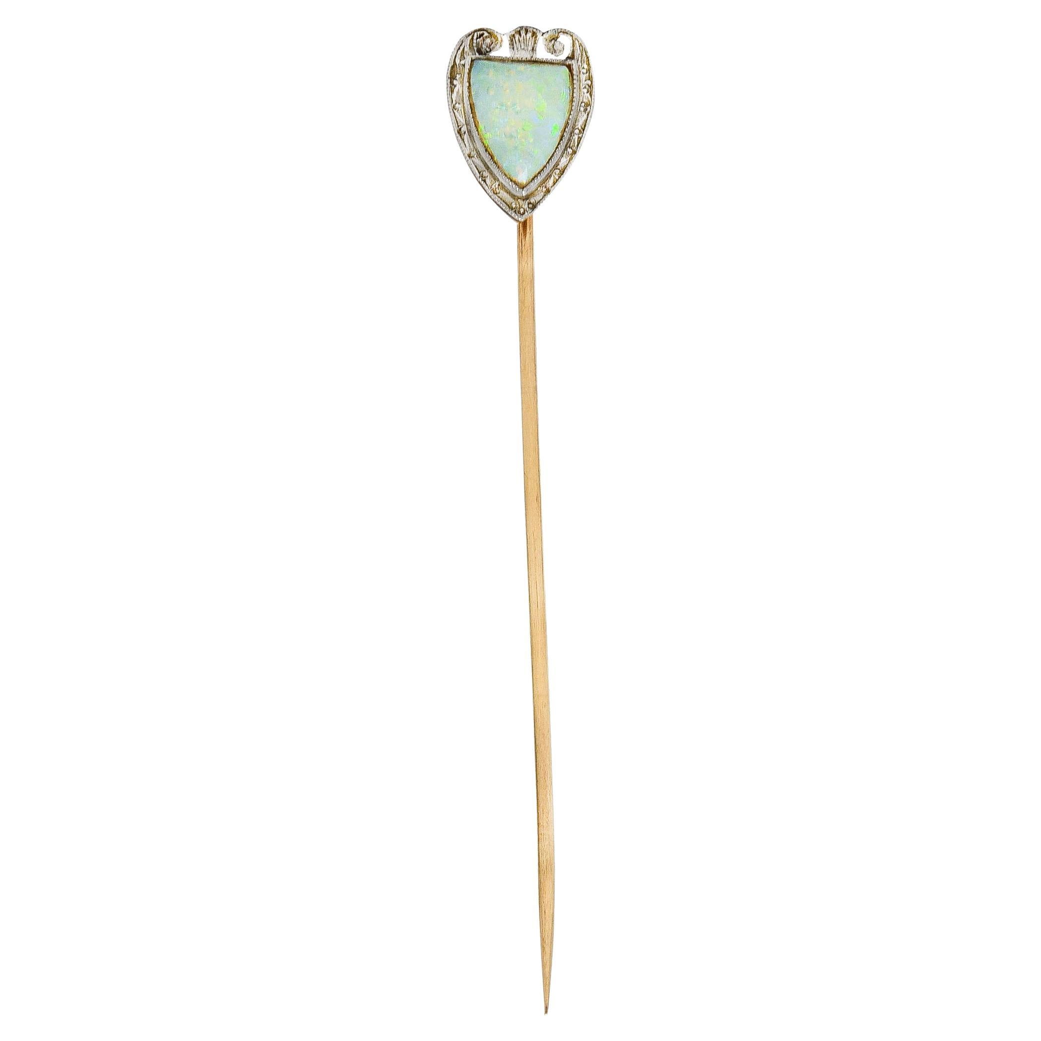 Bitterman Bros, Edwardian Opal Platinum 14 Karat Gold Shield Antique Stickpin For Sale 1