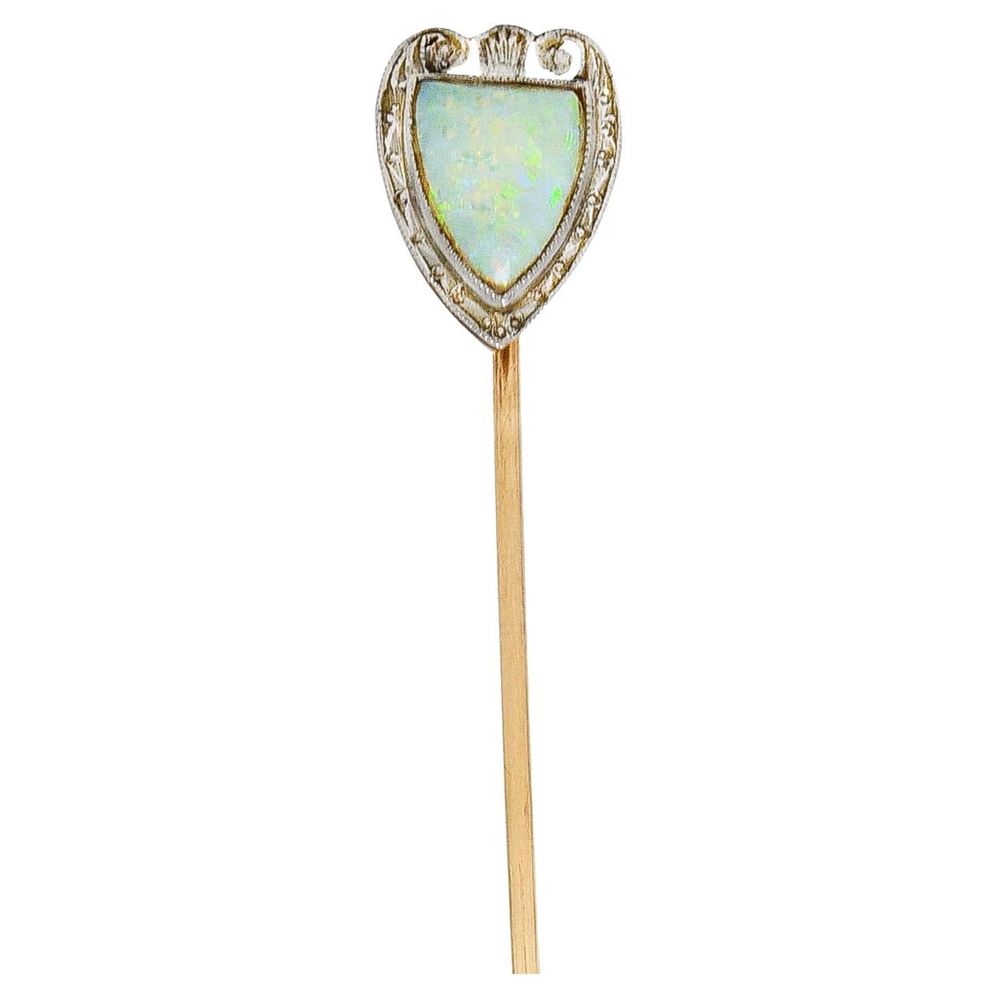 Bitterman Bros, Edwardian Opal Platinum 14 Karat Gold Shield Antique Stickpin