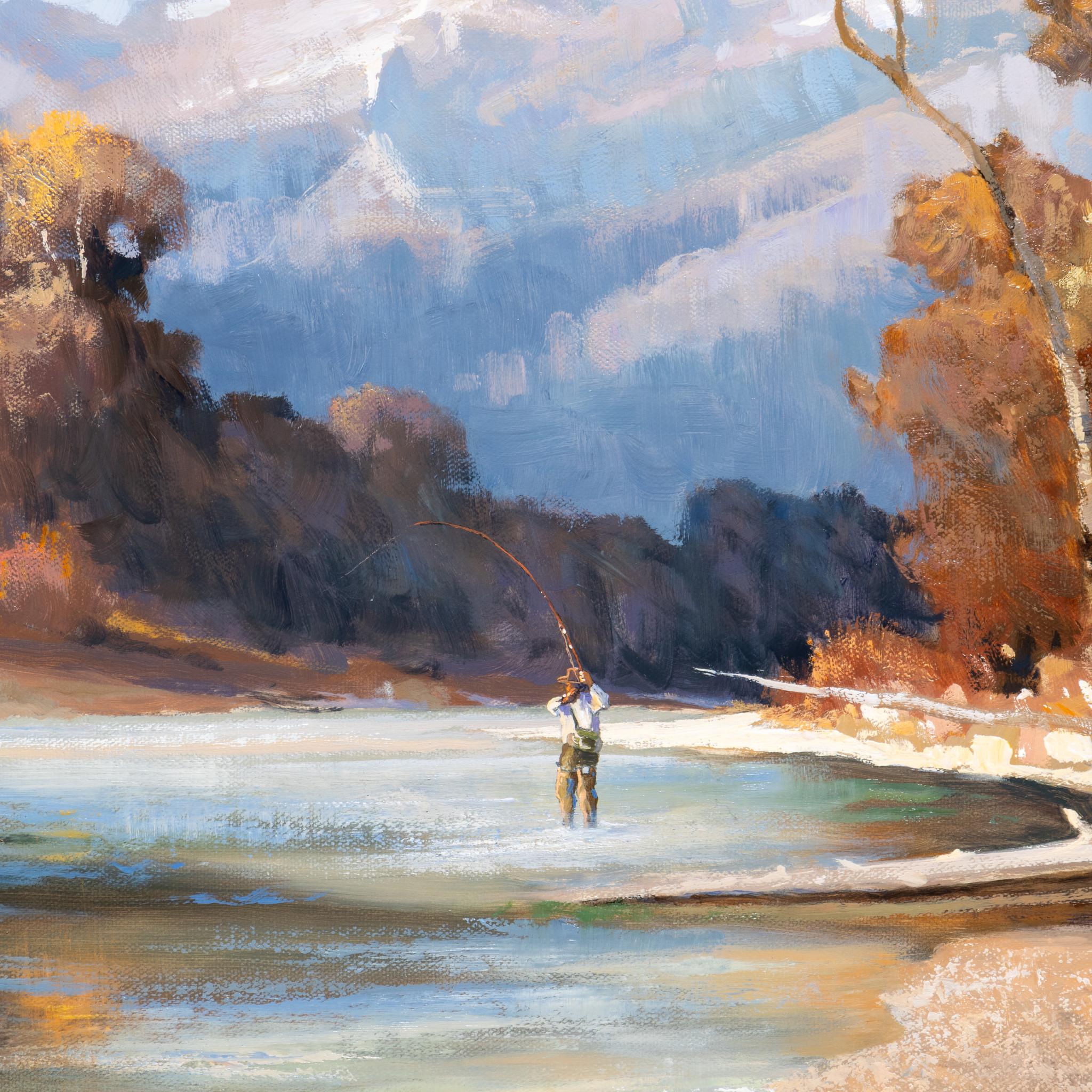 Oil on canvas; 30” x 48”. Unframed. Painting portrays a fly fisherman in the middle of the stream. Colors are bright and stunning, reminiscent of a warm summer's day out on the river. 

 Greg Parker has mastered the ability to capture the very