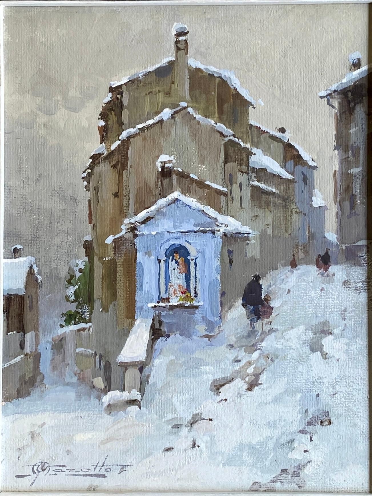 Oil on canvas applied to panel by Ulderico Marotto depicting a snowy road junction in Cavaion Veronese, province of Verona.
The painting is signed lower left.
On the back is an inscription 