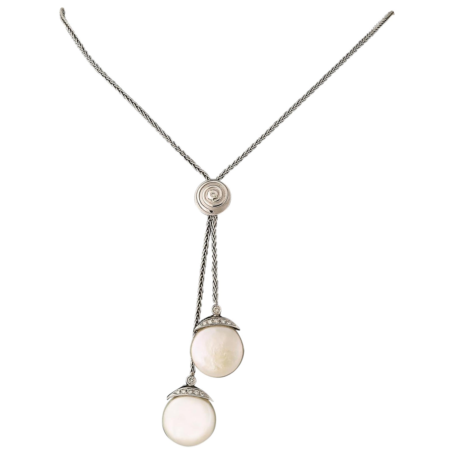 Biwa Flat Coin Pearl Tie Necklace in 18K White Gold signed Yvel For Sale
