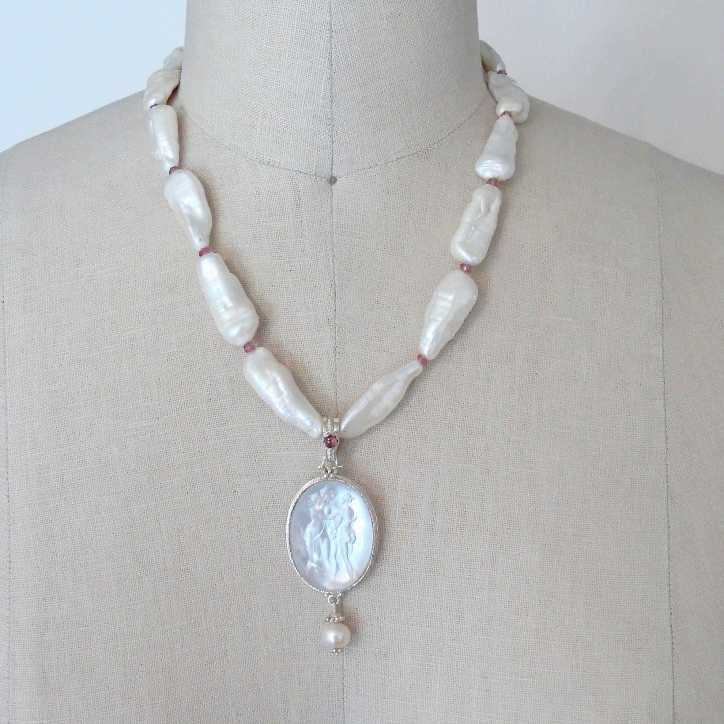 Neoclassical Biwa Pearls & Tourmaline Spacers w/ Intaglio Pendant - Matera III Necklace  For Sale