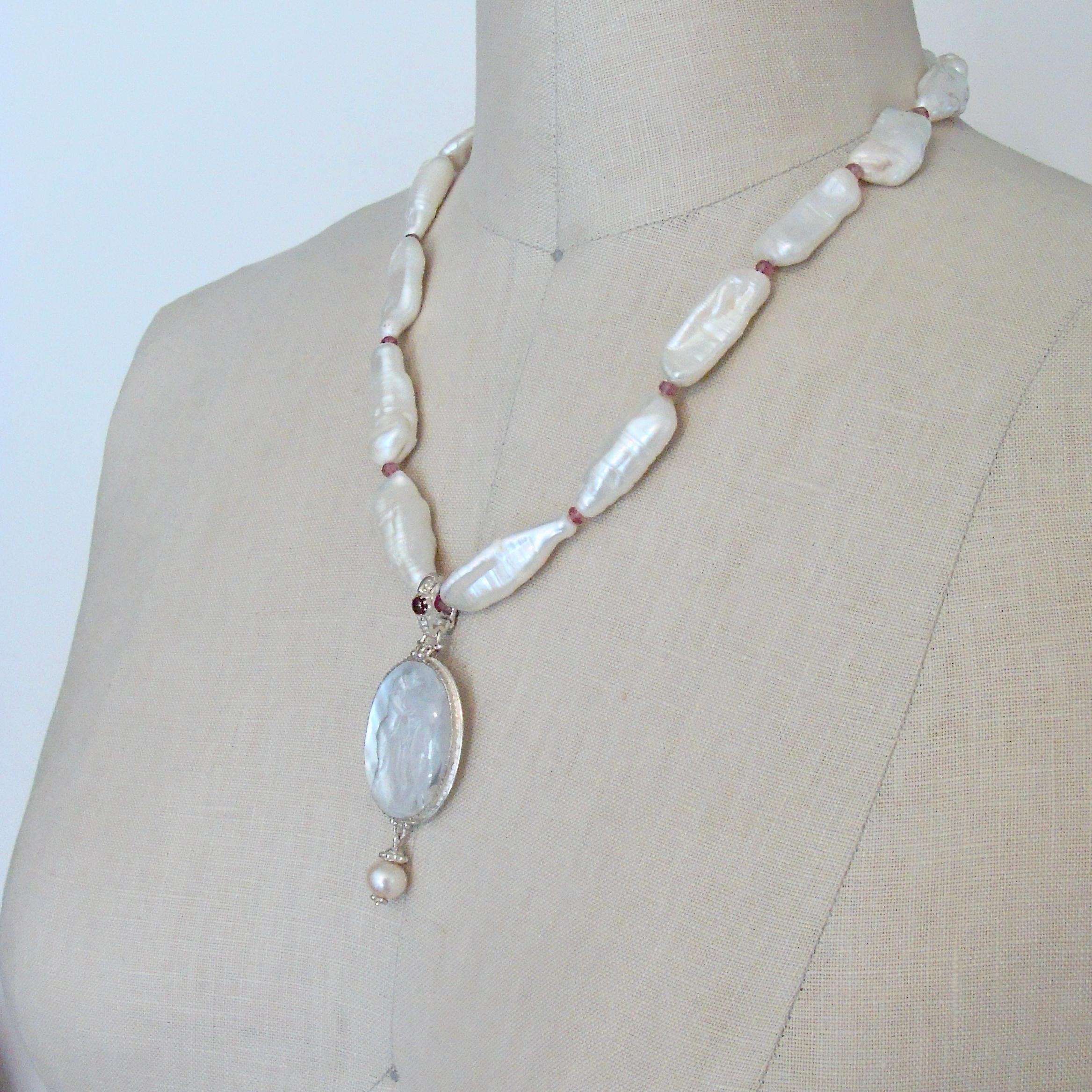 Neoclassical Biwa Pearls & Tourmaline Spacers w/ Intaglio Pendant - Matera III Necklace  For Sale
