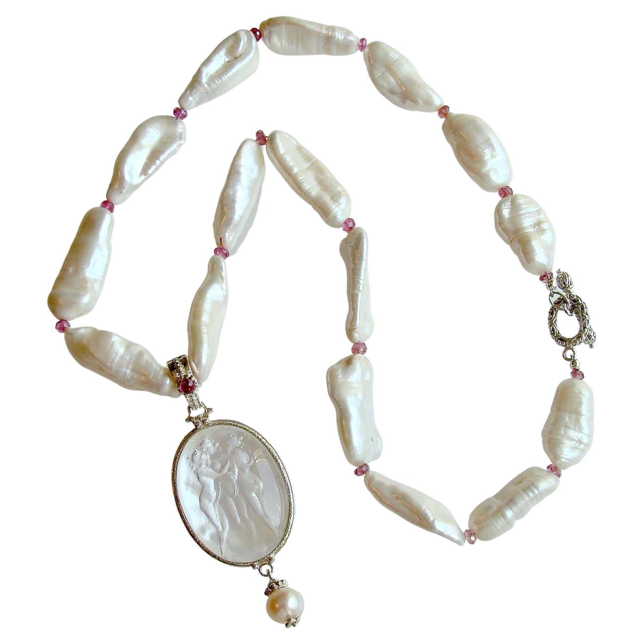 Biwa Pearls & Tourmaline Spacers w/ Intaglio Pendant - Matera III Necklace  For Sale