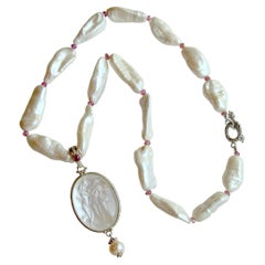 Biwa Pearls & Tourmaline Spacers w/ Intaglio Pendant - Matera III Necklace 