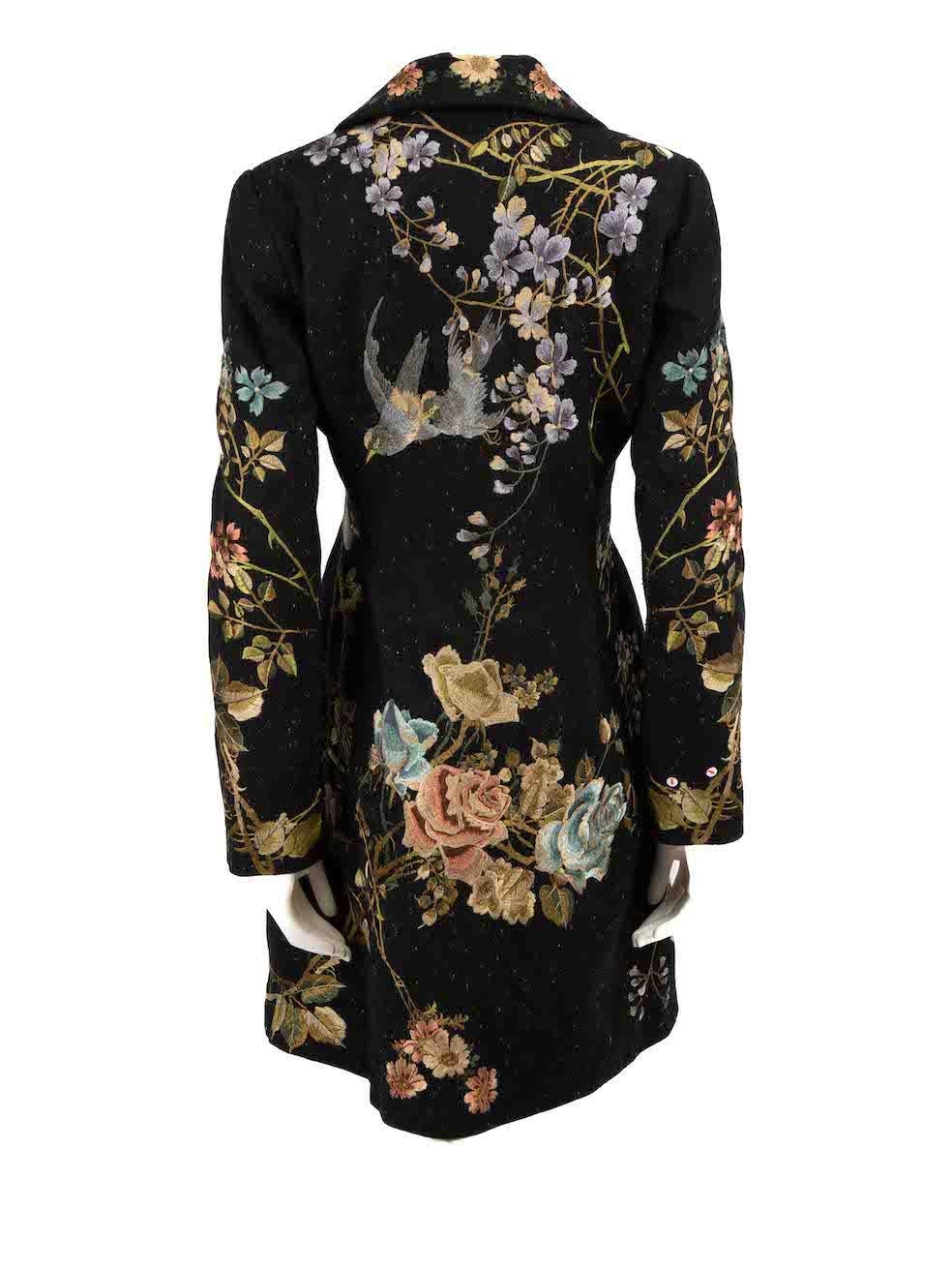 Biya Black Wool Floral Mid Length Coat Size S In Good Condition For Sale In London, GB