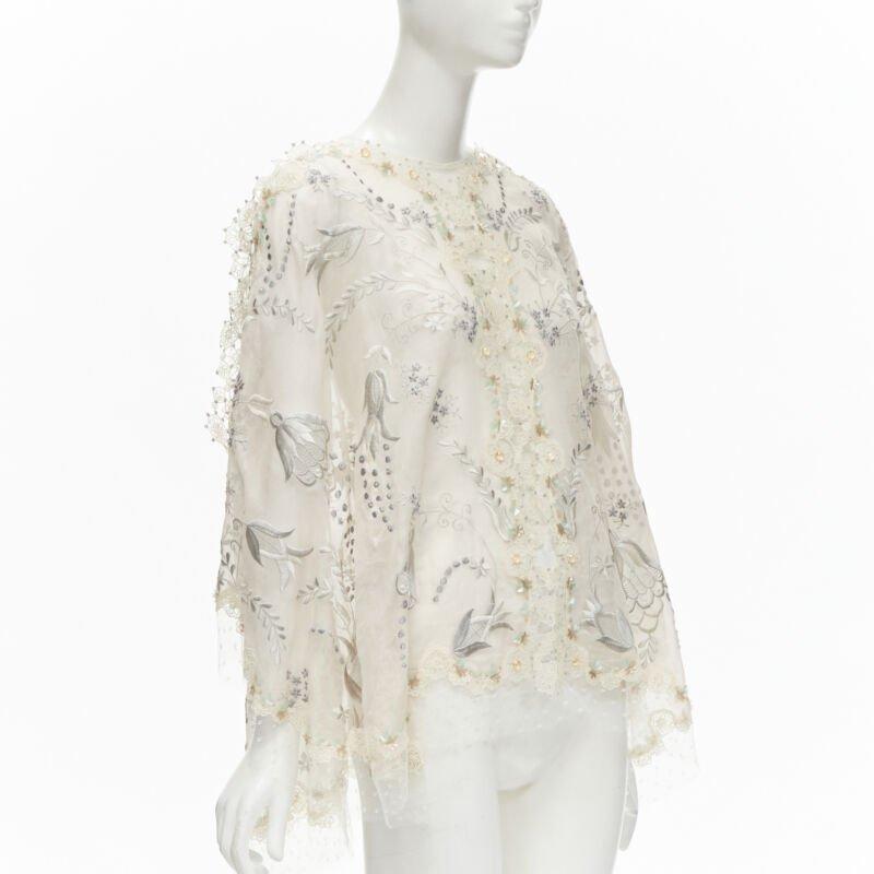 Beige BIYAN beige 3D intricate lace bead crystal embellished cape top  XS