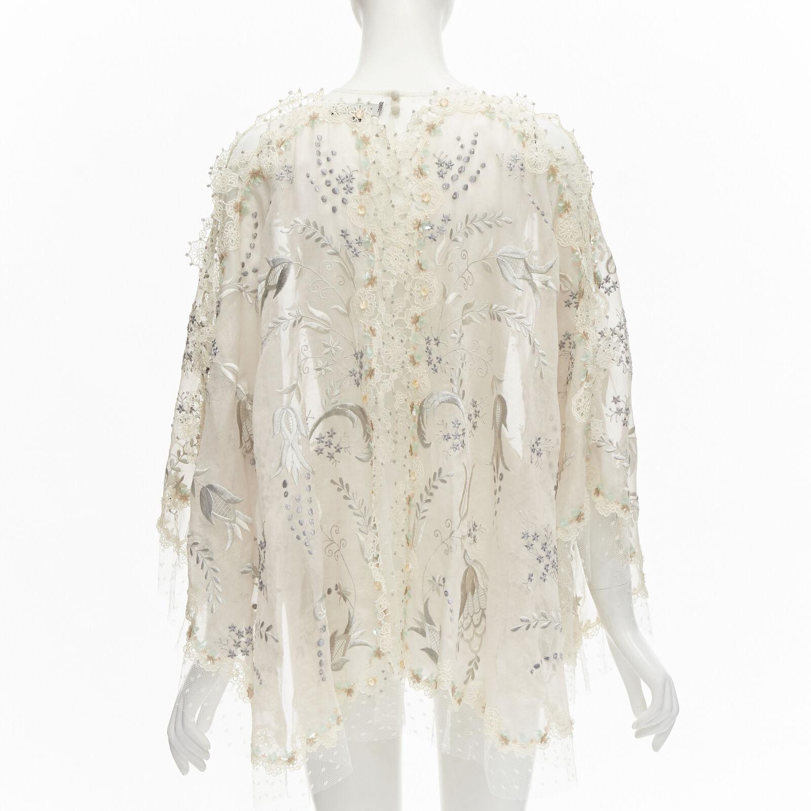 BIYAN beige 3D intricate lace bead crystal embellished cape top  XS In Excellent Condition For Sale In Hong Kong, NT