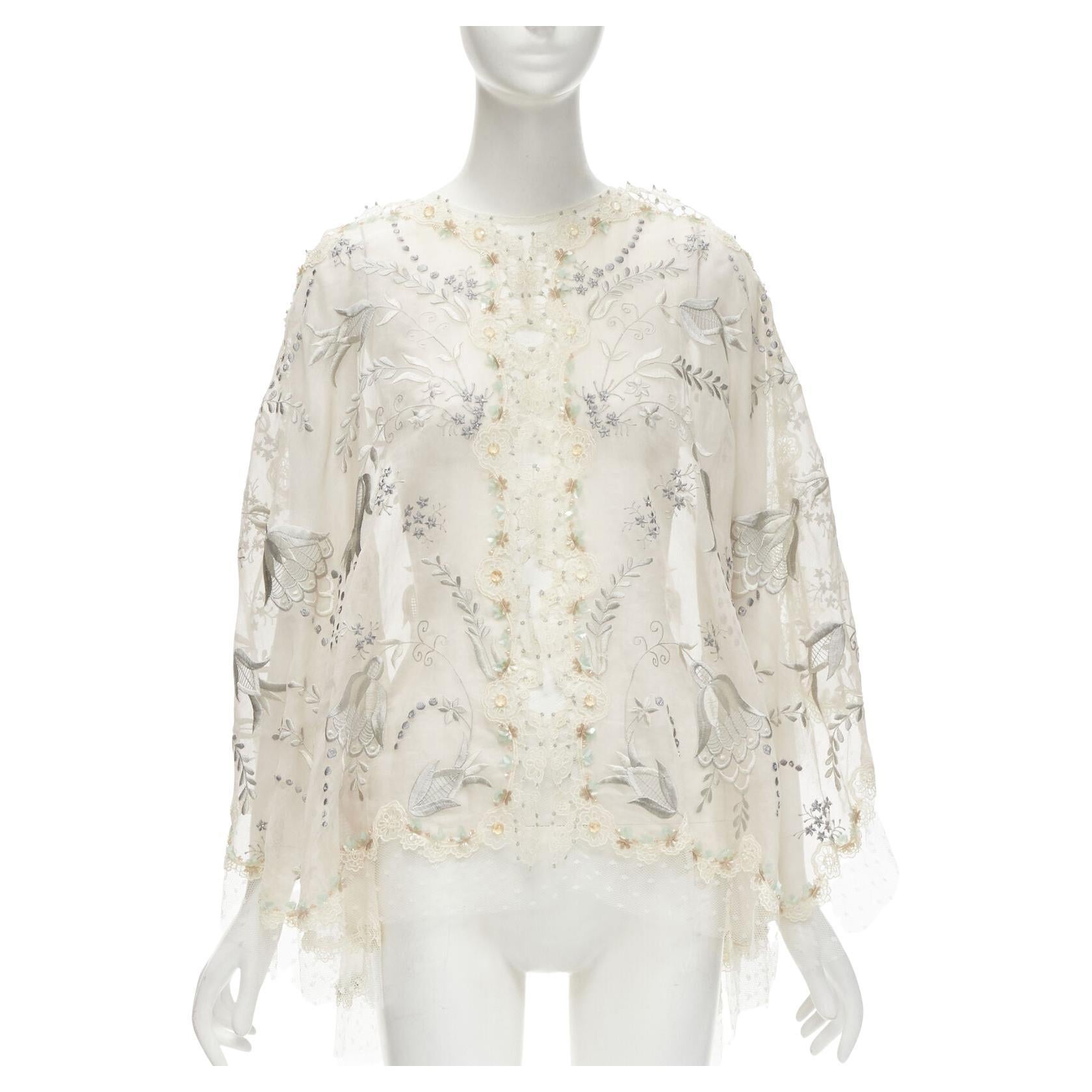 BIYAN beige 3D intricate lace bead crystal embellished cape top  XS For Sale