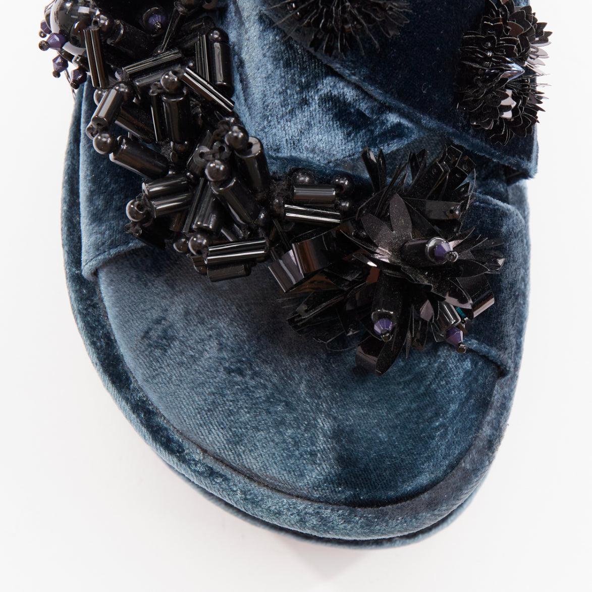 BIYAN blue velvet black beads sequin embellished platform wedges shoes ...