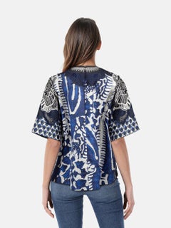 Biyan Navy Silk Embroidered Short Sleeve Blouse Size XL