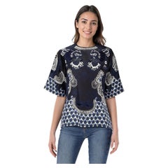 Biyan Navy Silk Embroidered Short Sleeve Blouse Size XL