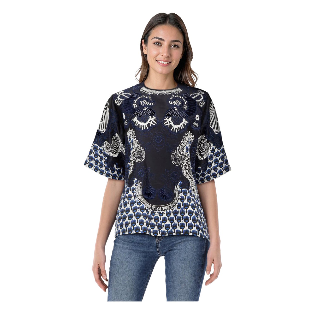 Biyan Navy Silk Embroidered Short Sleeve Blouse Size XL en venta