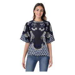 Biyan Navy Silk Embroidered Short Sleeve Blouse Size XL