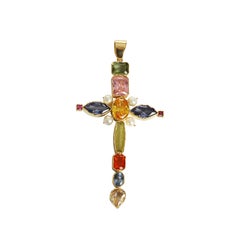 Bizanthyne Cross Hand MAde  Sapphire Tourmaline Ruby Gold