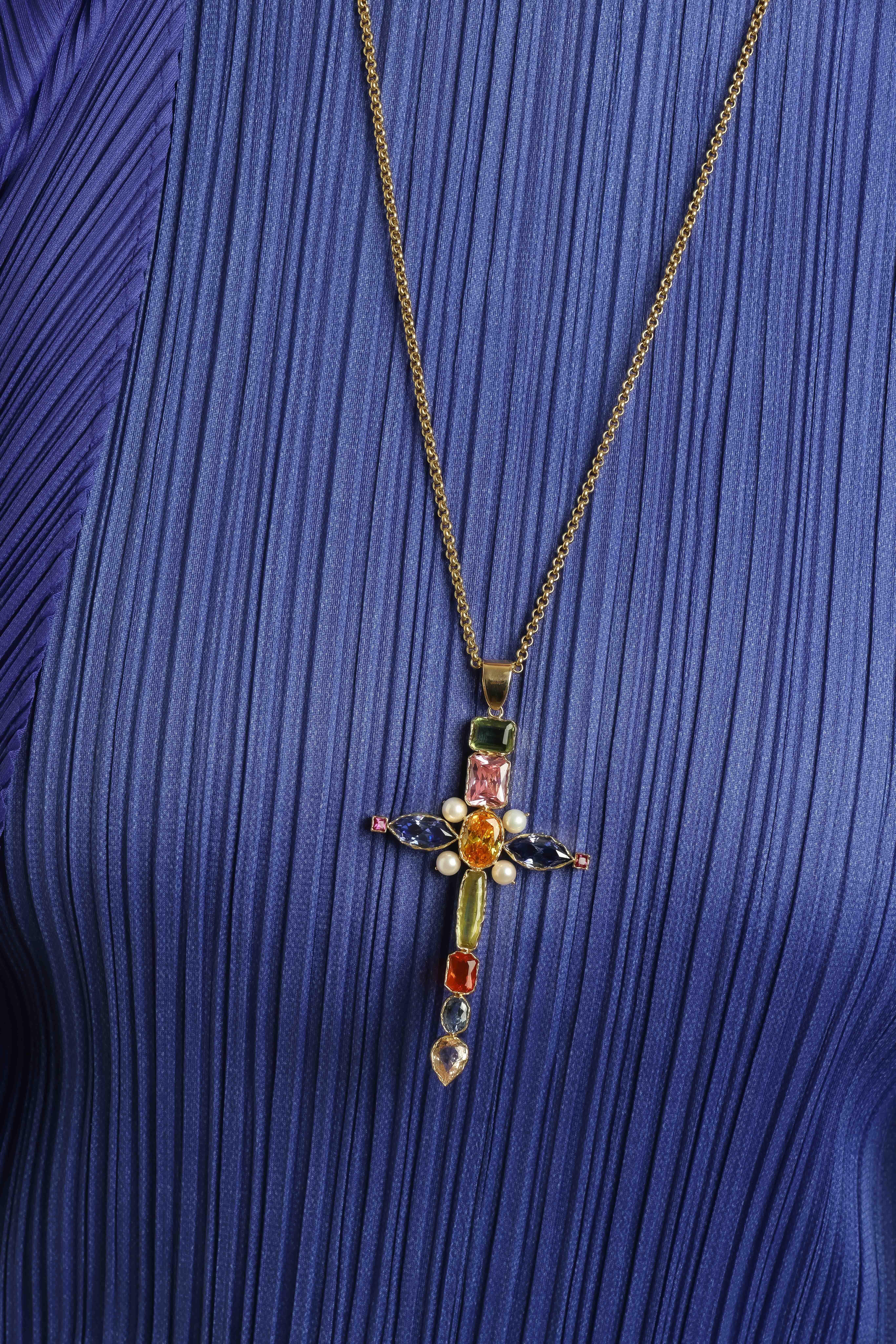 Bizanthyne Cross Hand MAde  Sapphire Tourmaline Ruby Gold In New Condition For Sale In Milan, IT
