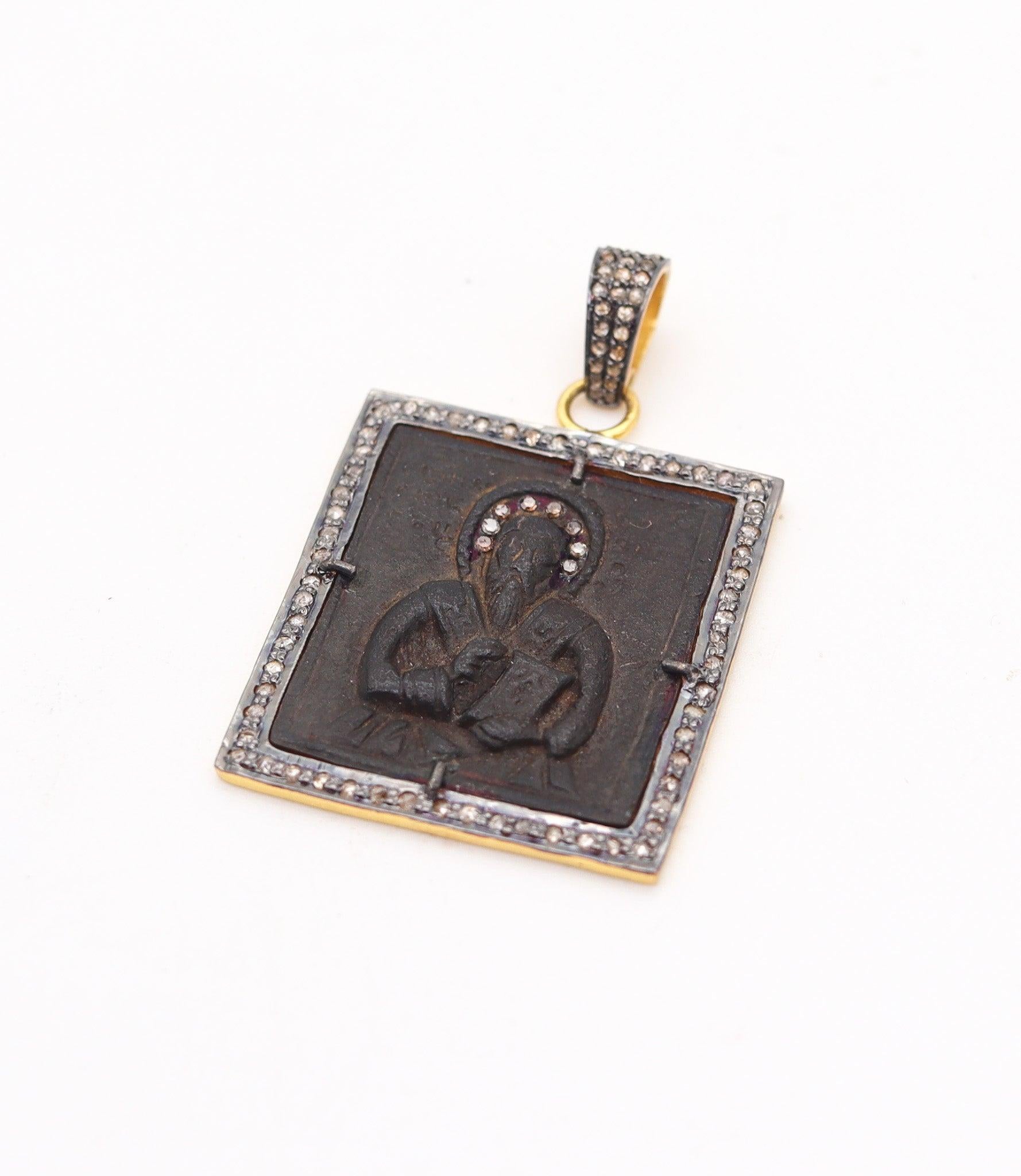 BIZANTINE 1690 Orthodoxische Ikon-Medaille in Kupfer 18Kt Vermeil Sterling & Diamanten (Rosenschliff) im Angebot