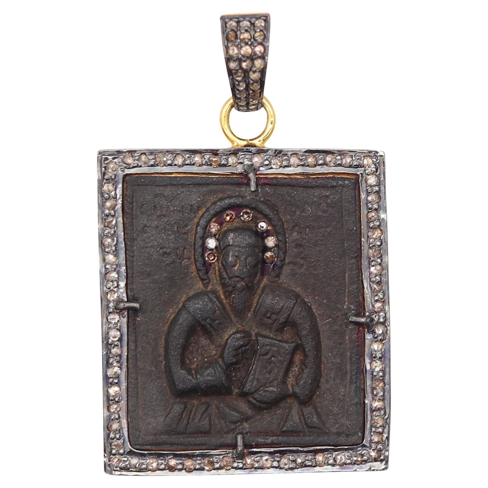 BIZANTINA 1690 Medaglia dell'icona ortodossa in rame 18Kt Vermeil Sterling e diamanti